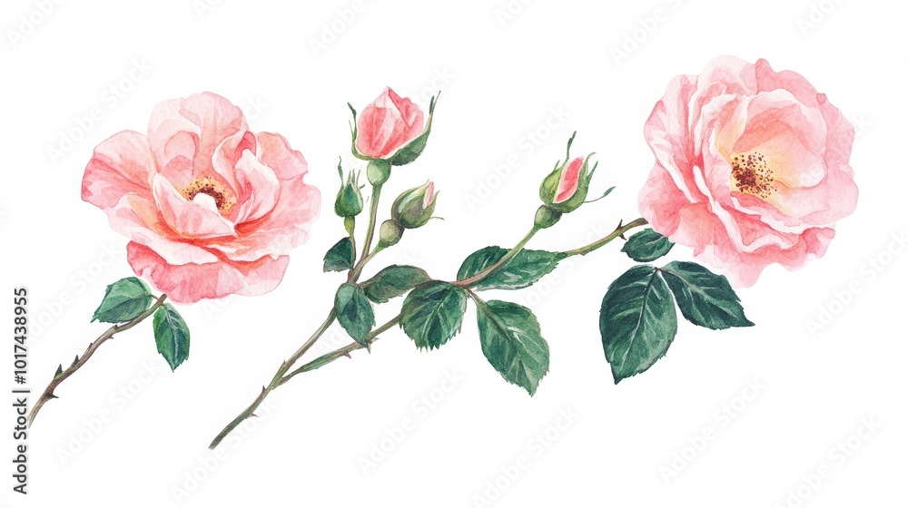 Obraz premium Elegant watercolor illustration of blooming pink roses with green leaves