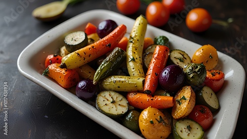 Roasted vegetables. Seasonal vegetables roasted with olive oil and herbs, often served as a side dish, front view hanukkah holiday background. photo