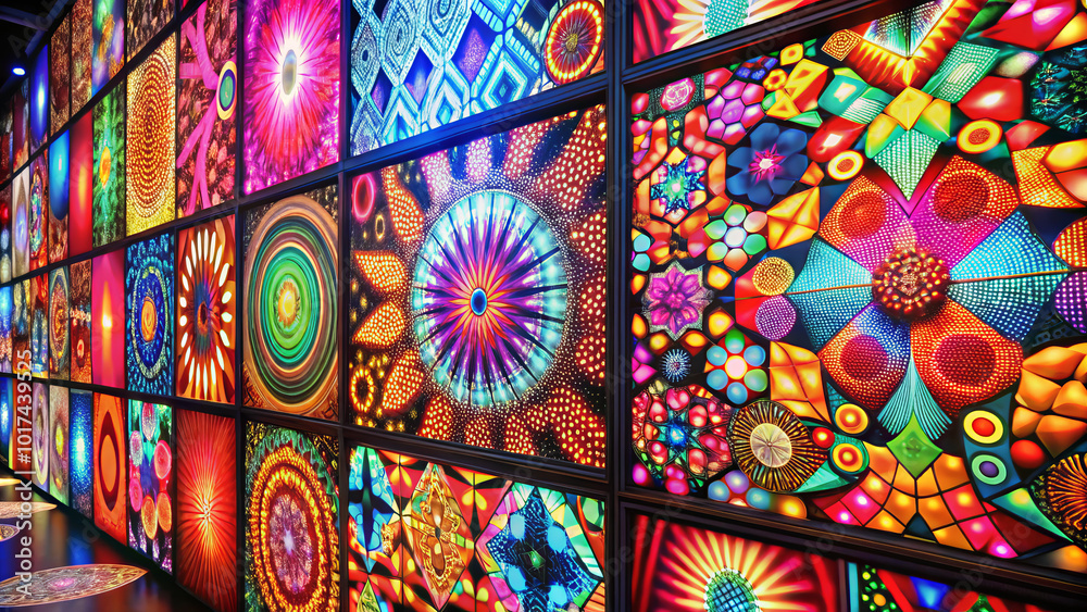 Bright, colorful patterns and textures come alive in this vibrant display, showcasing mesmerizing array of designs that captivate viewers imagination