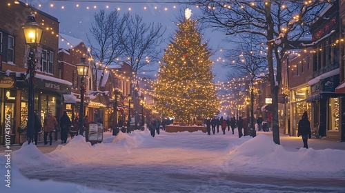 Fototapeta Naklejka Na Ścianę i Meble -  evening scene in a small town square, featuring snow-covered streets, glowing string lights, and people walking around shopping. The focal point is a large Christmas tree in the center, adorned 