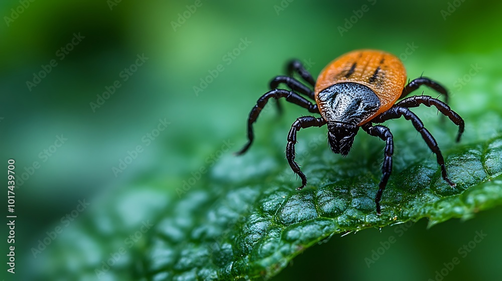 A close-up view of a small, orange and black tick perched on a green leaf. A close-up view of a small, orange and black tick perched on a green leaf.