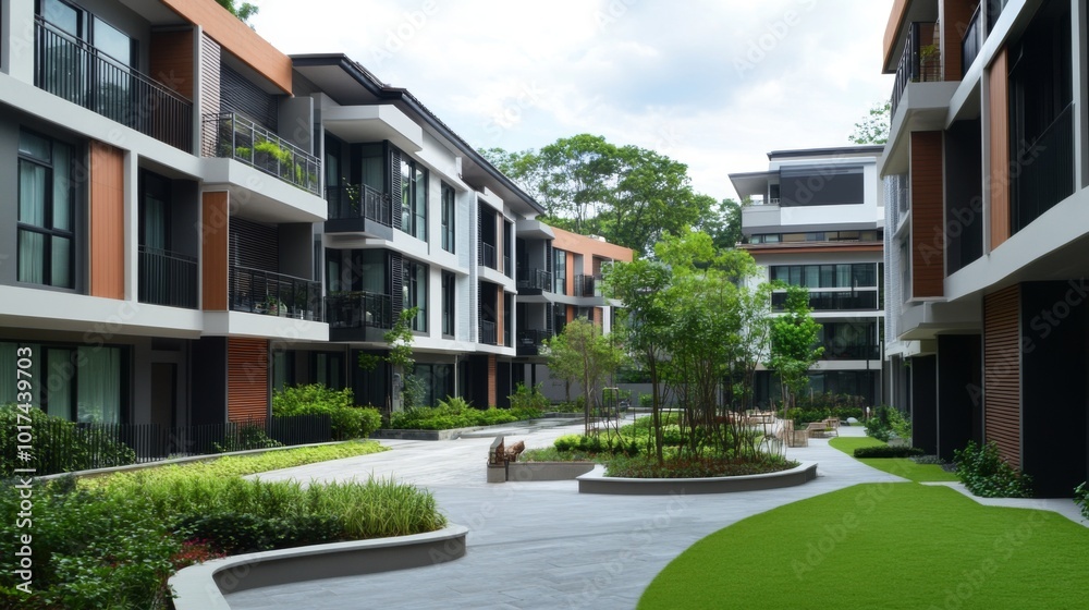 Modern apartment complex courtyard with green landscaping, paved pathways, and lush greenery. Modern apartment complex courtyard with green landscaping, paved pathways, and lush greenery.