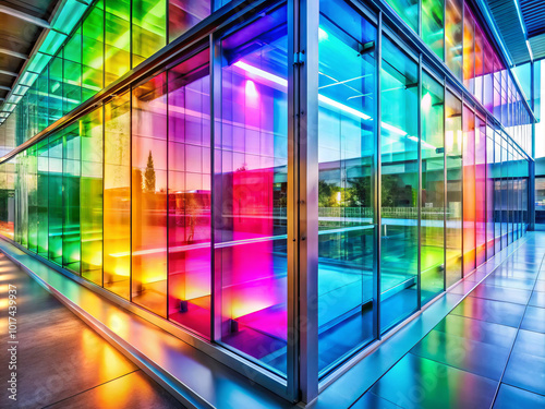 stunning close up of vibrant electrochromic smart glass showcases spectrum of colors reflecting light beautifully. modern architecture enhances visual appeal, creating captivating atmosphere photo