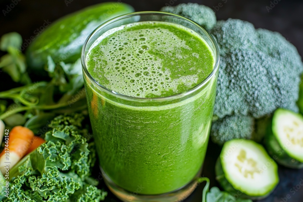 a healthy green smoothie in a glass surrounded by fresh vegetables a healthy green smoothie in a glass surrounded by fresh vegetables