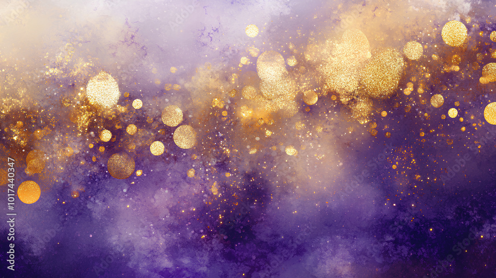 Obraz premium An abstract background with a deep purple hue and scattered gold glitter, creating a shimmering and festive feel.