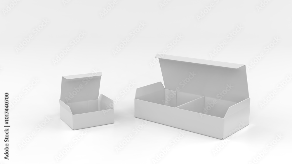 Blank long and short open box, packaging mockup, isolated on white background. 3d illustration.