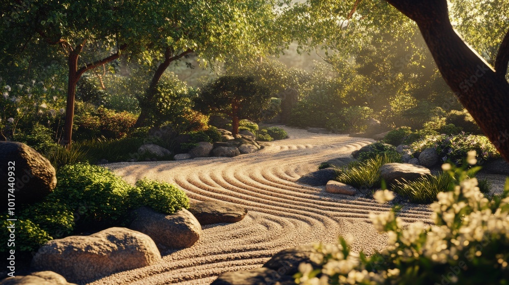 Serene zen garden with a winding path of white sand. Serene zen garden with a winding path of white sand.
