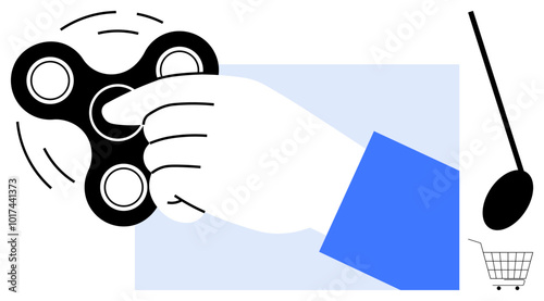 A hand spinning a black fidget spinner, with a blue sleeve, suggests stress relief. Also present is a small shopping cart and magnifying glass. Ideal for stress management, consumer behavior, fidget
