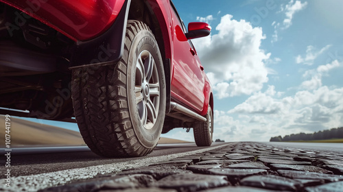 low angle view of a modern red pick-up truck on road