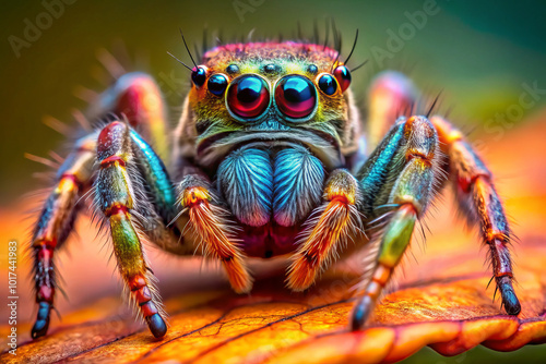 Colorful jumping spider with vibrant setae, showcasing intricate details and vivid colors on leaf. This extreme macro shot highlights spiders unique features and textures