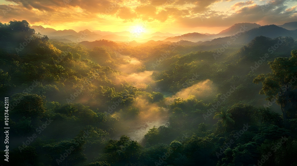 Fototapeta premium Dramatic Sunrise Over Lush Forest Landscape