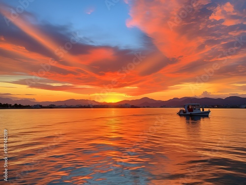 The sky over the sea is red, orange, and yellow in color, with clouds on both sides of it. In front of you, you can see some small islands that have houses or buildings on them. 