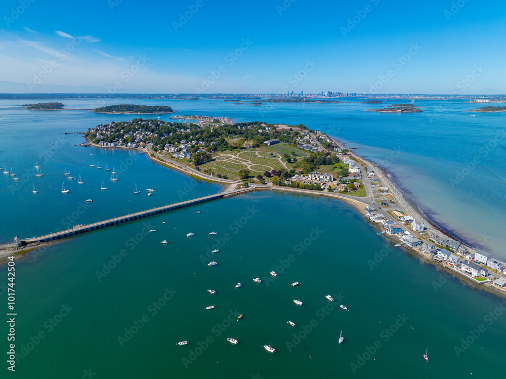 Hull Village aerial view including Telegraph Hill and Village Cemetery in Hingham Bay in Boston Harbor, the peninsula is part of Hull, Massachusetts MA, USA. Hull Village aerial view including Telegraph Hill and Village Cemetery in Hingham Bay in Boston Harbor, the peninsula is part of Hull, Massachusetts MA, USA.