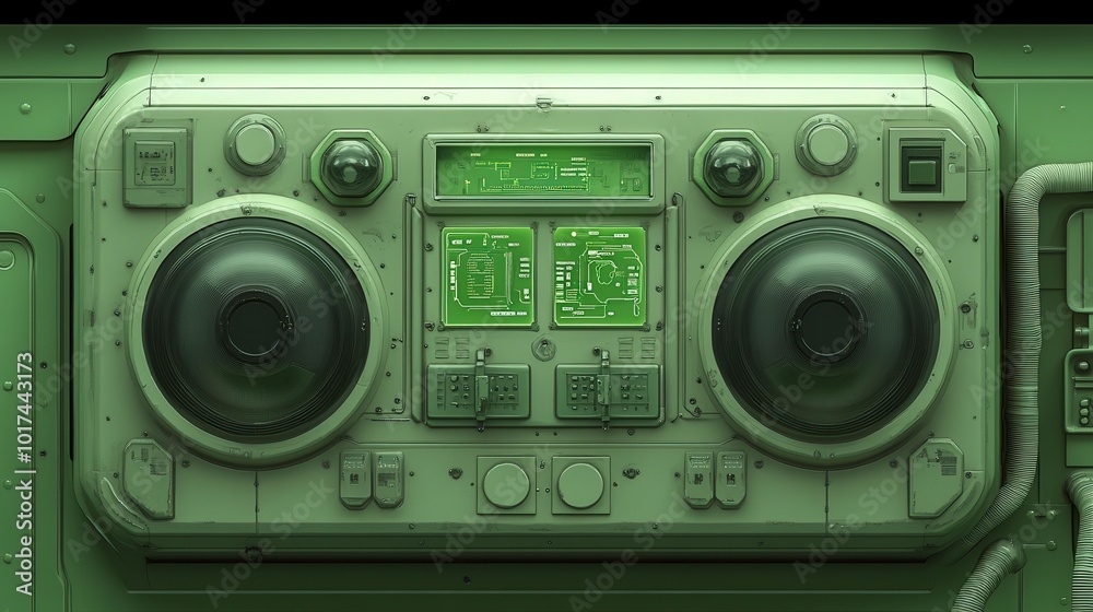 Futuristic control panel with retro design featuring large speakers