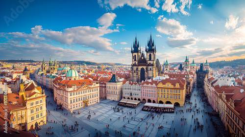 An aerial view of Prague's Old Town Square showcasing the Church of Our Lady Before T?n and the Astronomical Clock Tower.