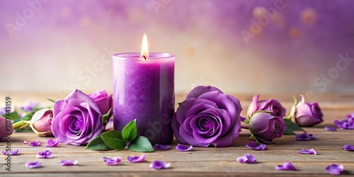 Fototapeta Naklejka Na Ścianę i Meble -  Aromatherapy purple candle surrounded by purple roses with petals