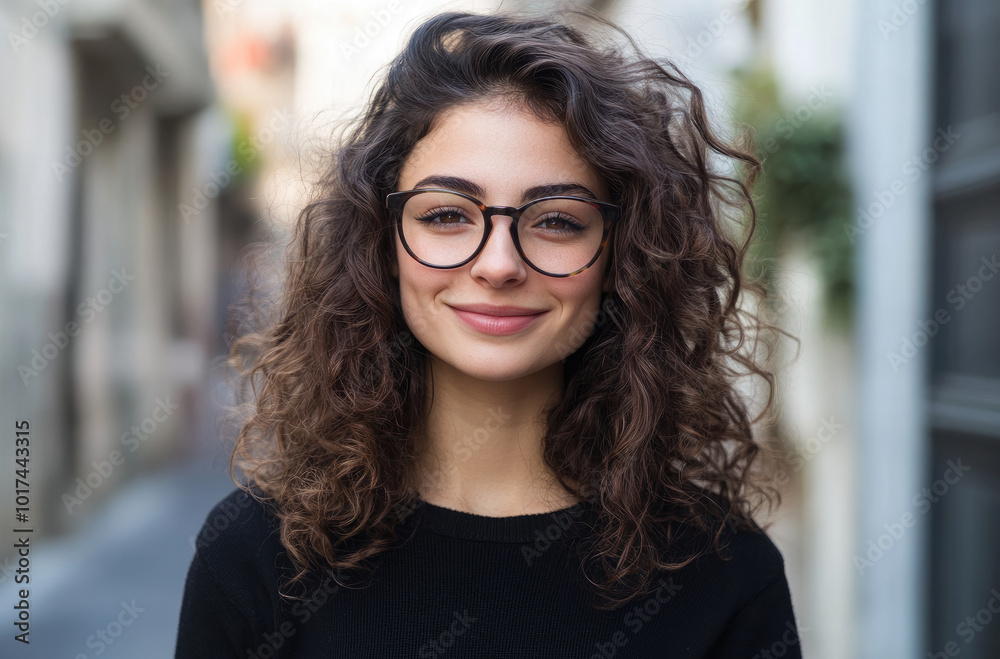 Portrait of a smiling young woman with glasses and curly hair standing on a street. Portrait of a smiling young woman with glasses and curly hair standing on a street.