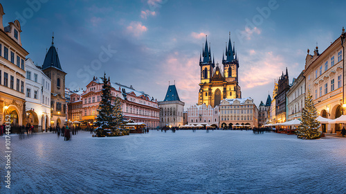 A panoramic view of Prague's Old Town Square covered in snow during the Christmas season, featuring the iconic church towers and a festive atmosphere.