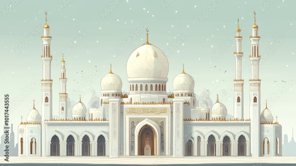 Obraz premium A stunning illustration of a classic Middle Eastern mosque, showcasing intricate details and a majestic silhouette against a serene sky. The mosque symbolizes faith, community, and cultural heritage.