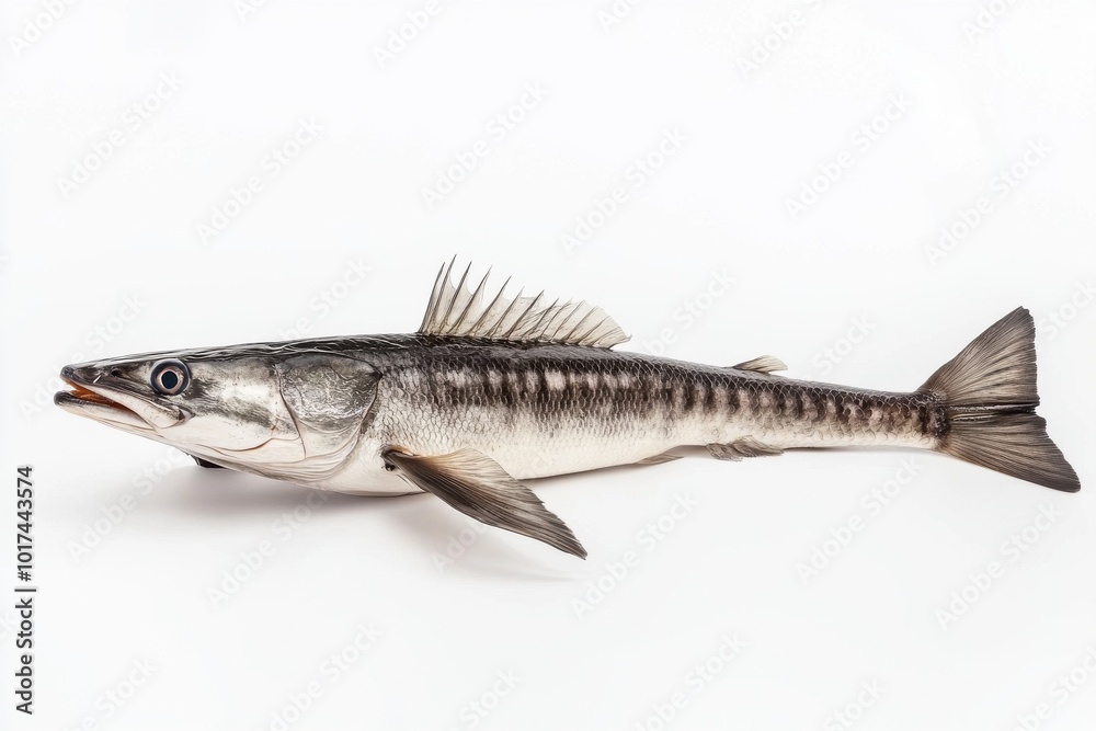 Naklejka premium the beside view Great Barracuda, left side view, white copy space on right, Isolated on White Background