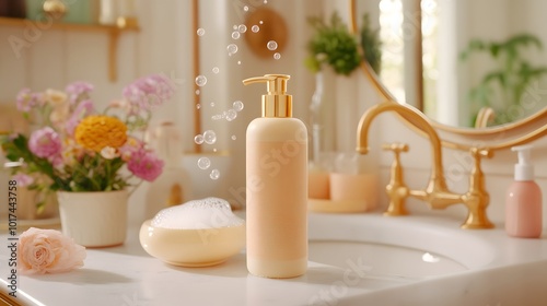 A serene bathroom scene featuring a stylish lotion bottle, soft soap, and colorful flowers, creating a relaxing atmosphere for self-care.