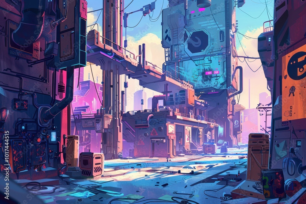 Obraz premium Futuristic Cityscape with Colorful Buildings and Wires