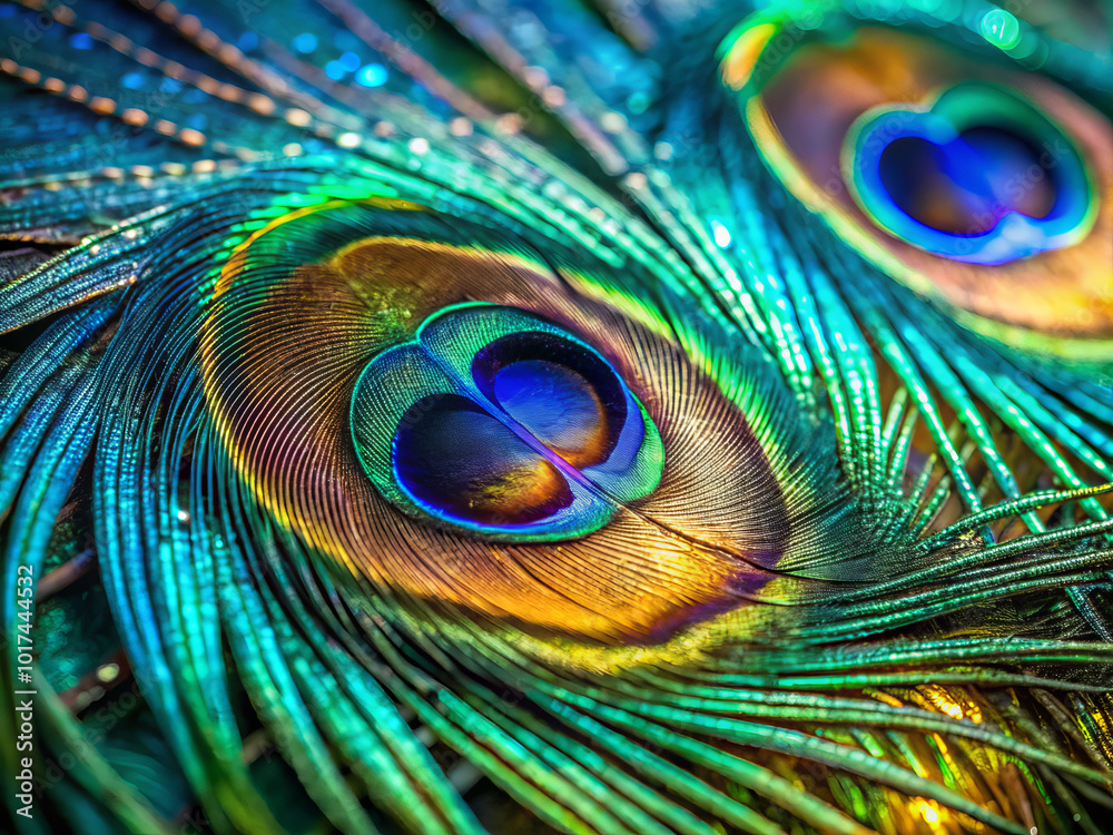 Obraz premium Iridescent peacock feathers display vibrant colors and intricate patterns, showcasing natures beauty and elegance. shimmering barbules create mesmerizing effect
