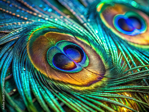 Iridescent peacock feathers display vibrant colors and intricate patterns, showcasing natures beauty and elegance. shimmering barbules create mesmerizing effect photo