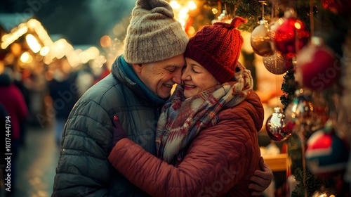 Elderly Couple Embracing at a Christmas Market