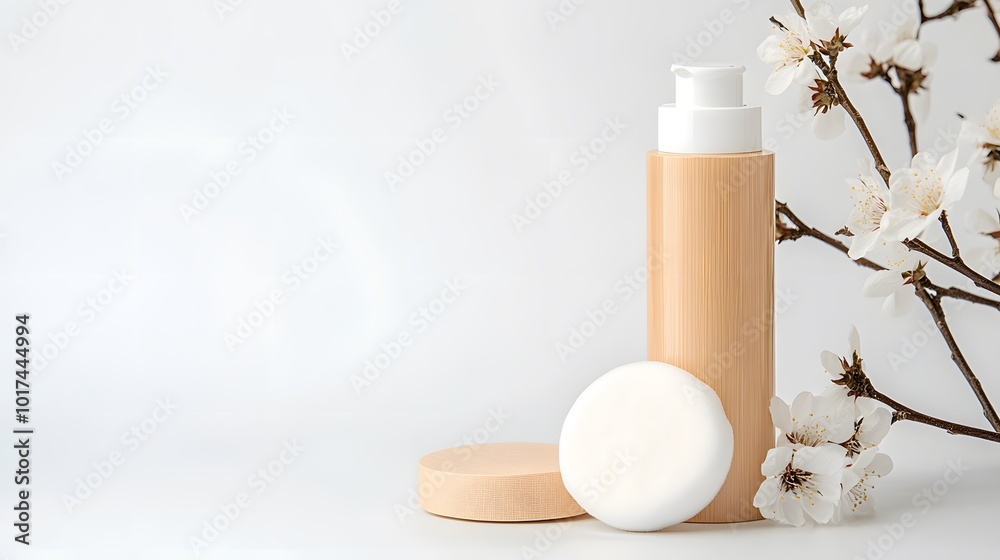 A minimalist arrangement of a bamboo bottle, a cream jar, and delicate flowers on a soft background, showcasing natural beauty and skincare. A minimalist arrangement of a bamboo bottle, a cream jar, and delicate flowers on a soft background, showcasing natural beauty and skincare.