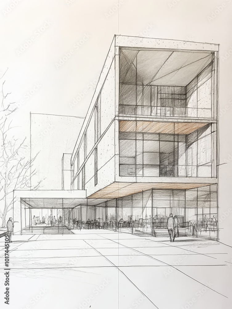 Architectural sketch of a modern building concept, showcasing sleek lines, large windows, and a spacious outdoor area. This design emphasizes open spaces, natural light, and a contemporary aesthetic. Architectural sketch of a modern building concept, showcasing sleek lines, large windows, and a spacious outdoor area. This design emphasizes open spaces, natural light, and a contemporary aesthetic.