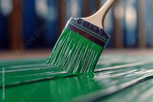 Close-up of a paintbrush applying green paint to a surface. The paintbrush is in focus, with the bristles loaded with paint. This image is perfect for projects related to home improvement, DIY, or art photo