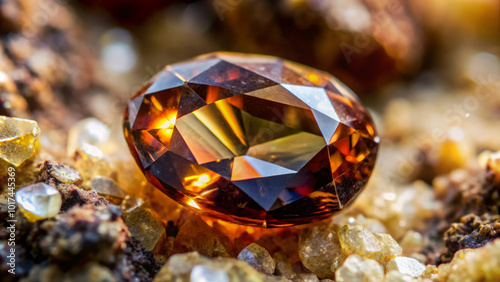 stunning macro photograph of andalusite gemstone, showcasing its pleochroism and brilliance against backdrop of sparkling sand. intricate facets reflect light beautifully, creating captivating visual photo