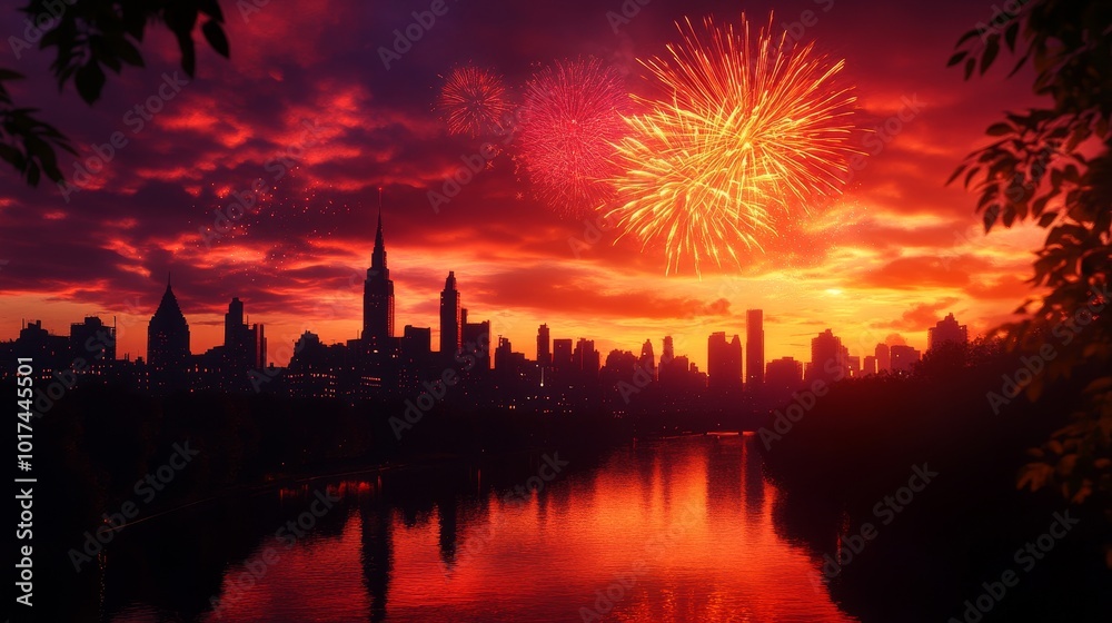 Obraz premium Dreamlike Fireworks over a Romantic Cityscape, symbolizing celebration, love, hope, beauty, and urban life.
