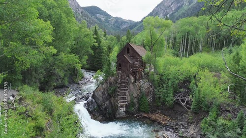 Historic Crystal Mill near Marble, Colorado. Shot pushes in through the trees towards the structure.