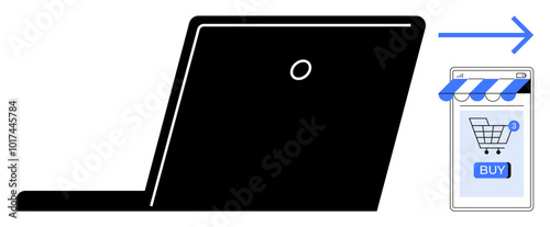 Laptop with an arrow pointing towards a mobile phone with a shopping cart icon. Ideal for e-commerce, online shopping, digital transition, technology use, mobile commerce. Modern flat style design