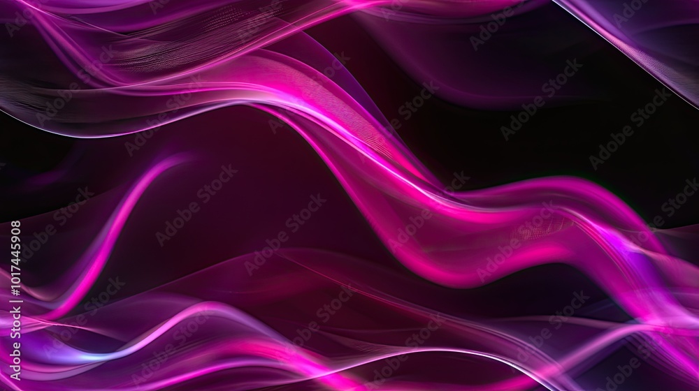 Curved waves of magenta light on a black empty background