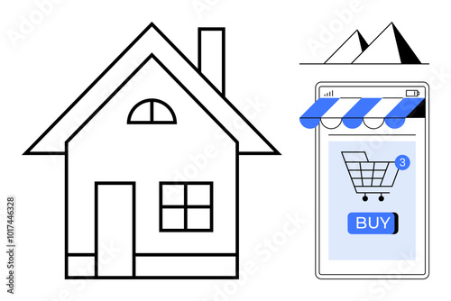 Simple black-and-white house next to a mobile phone displaying an online store with shopping cart and buy button. Ideal for home products, online shopping, mobile apps, e-commerce, real estate