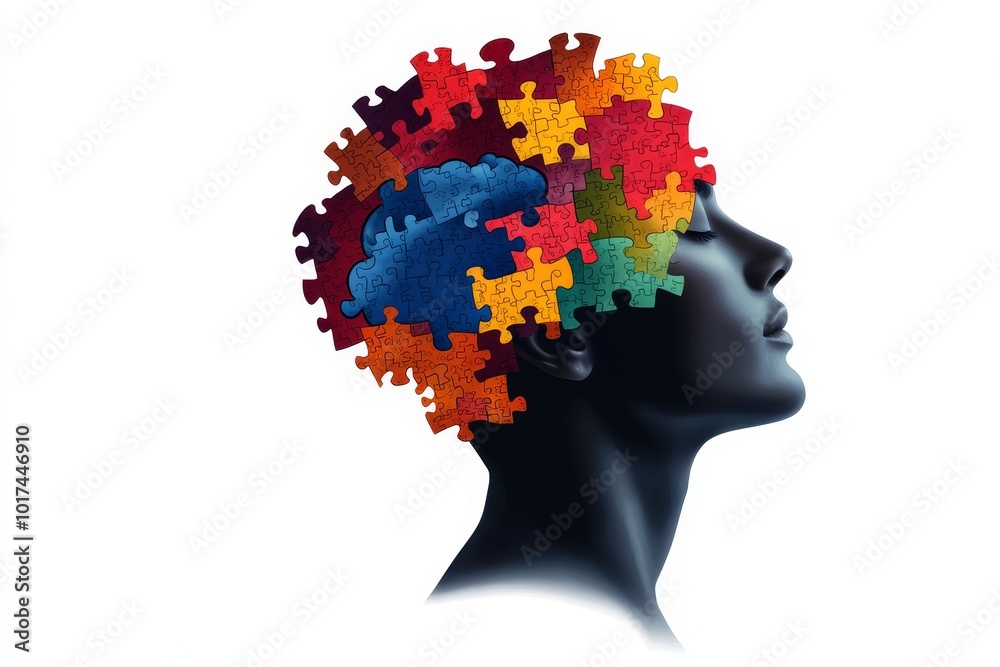 illustration of an adult man with his eyes closed, puzzle pieces representing his thoughts and ideas. This image is a representation of human intellect, complexity, and the ability to solve problems illustration of an adult man with his eyes closed, puzzle pieces representing his thoughts and ideas. This image is a representation of human intellect, complexity, and the ability to solve problems