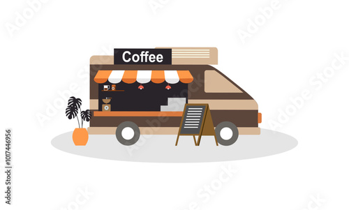 Mobile coffee shop in food truck vector illustration