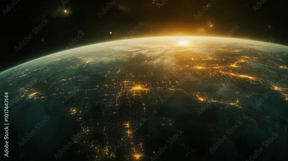 Detailed panoramic image of Earth as seen from space, glowing city lights Detailed panoramic image of Earth as seen from space, glowing city lights