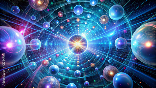 Vibrant abstract rendering of quantum vacuum fluctuations, showcasing colorful spheres and dynamic light patterns. This evokes sense of cosmic wonder and scientific exploration