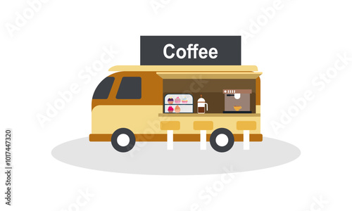 Mobile coffee shop in food truck vector illustration