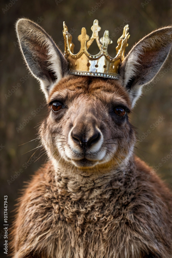 Obraz premium A crowned kangaroo poses proudly outdoors in a grassy field under a bright, cloudy sky during the afternoon light
