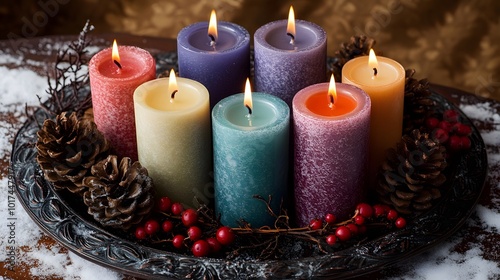 Six Burning Candles Surrounded by Pine Cones and Holly Berries on a Decorative Tray