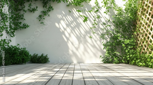 3D rendering of a white garden wall, wooden terrace flooring with visible textures, lattice fence and creeping vines photo