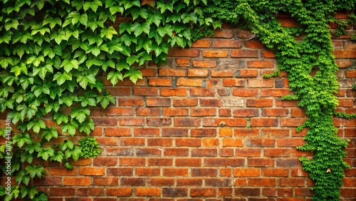 Aging red brick wall with green ivy vines plant growing, urban background asset