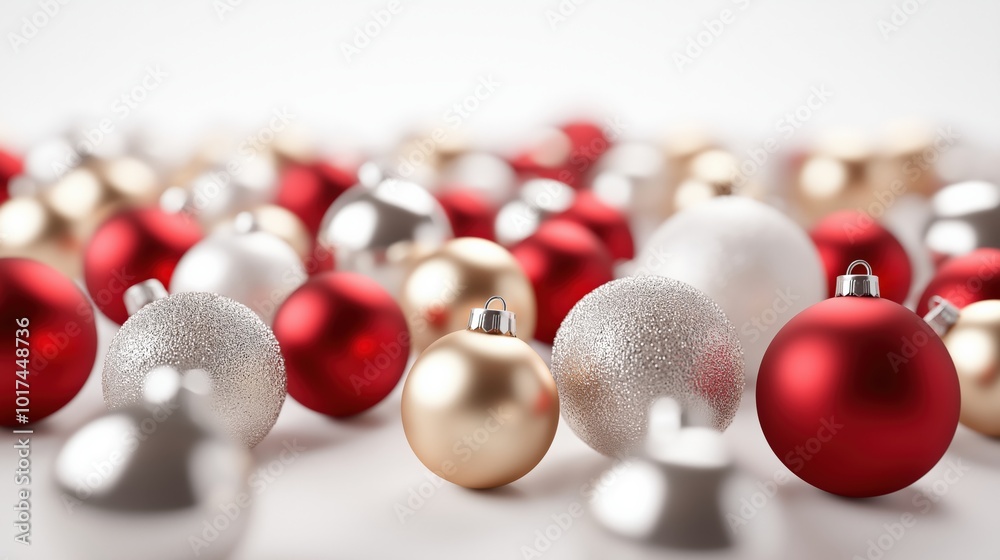 3D rendering of Christmas balls, soft matte red and gold spheres with silver detailing, scattered on a clean white background 3D rendering of Christmas balls, soft matte red and gold spheres with silver detailing, scattered on a clean white background