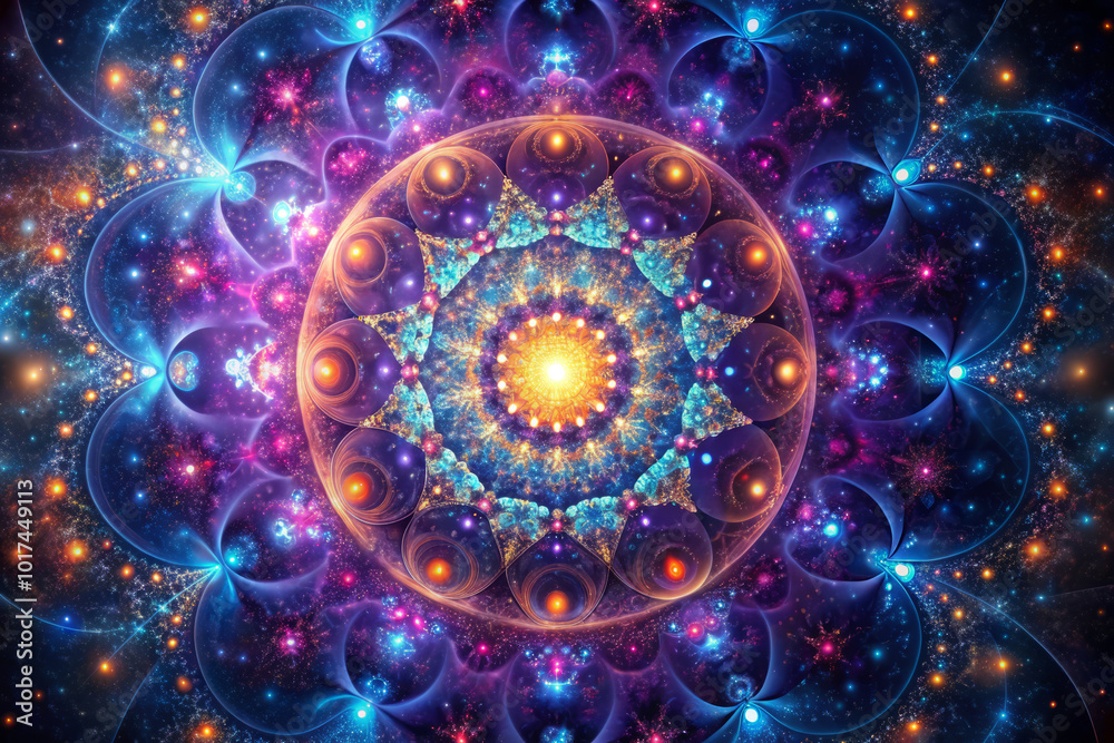 vibrant digital fractal pattern resembling cosmic nebula, featuring intricate designs and radiant central star. colors blend beautifully, evoking sense of wonder and exploration