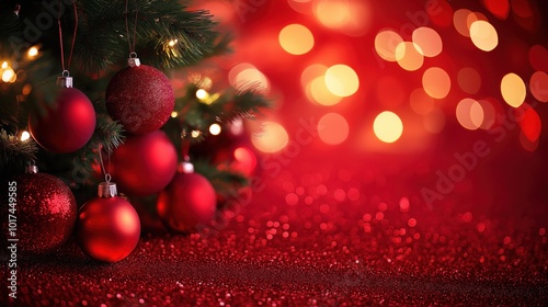 Christmas tree with red ornaments, framed by soft, glowing bokeh lights, set against a deep red background photo